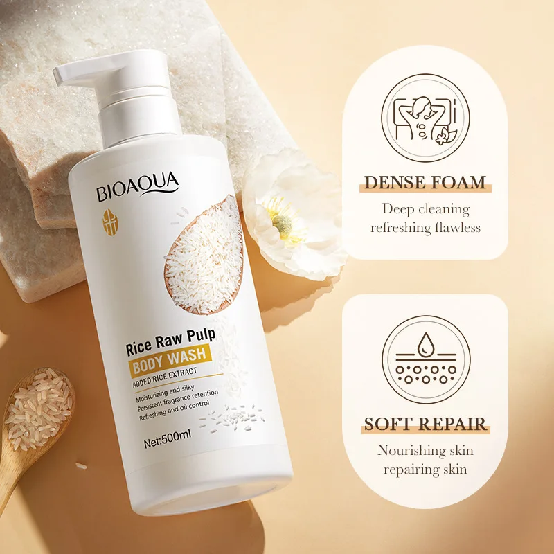Rice Raw Pulp Body Shower Gel 500ml, Hypoallergenic and Moisturizing, Refreshing Oil Control, Long-Lasting Light Fragrance, Suitable for All Light Beige Skin Types and Sensitive Skin, Easily Removes Oil and Dirt, Daily Nourishment, Elegant Packaging, Suitable for Daily Skin Care at Home.
