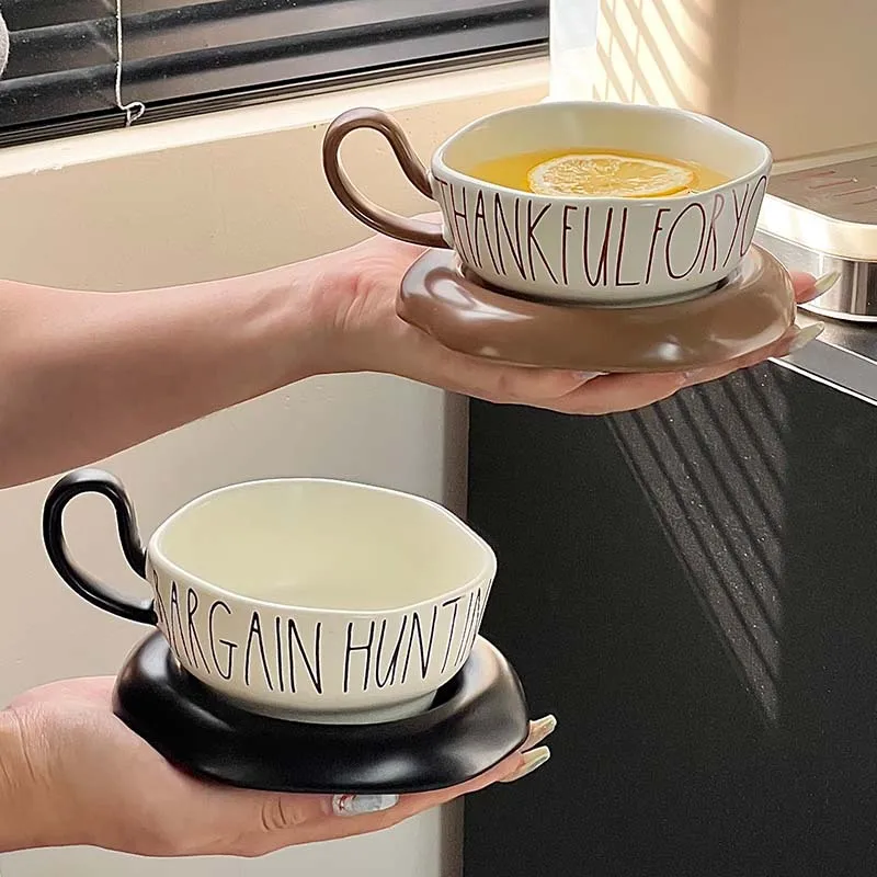 Light luxury simple ceramic coffee cup creative design sense letter saucer comfortable grip couple water
