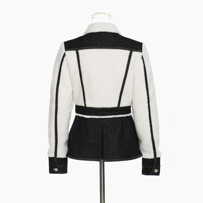 ANJY Autumn Winter New High Street Ins Contrast Color Patchwork Denim Pockets Turn-down Collar Single Breasted Ruched Coat A8021