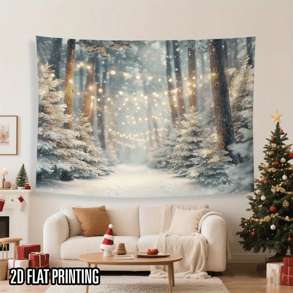 2D Flat Winter Snowy Forest Glowing Fairy Lights Tapestry & Flannel Blanket - Battery-Powered (Batteries Not Included) Twinkling