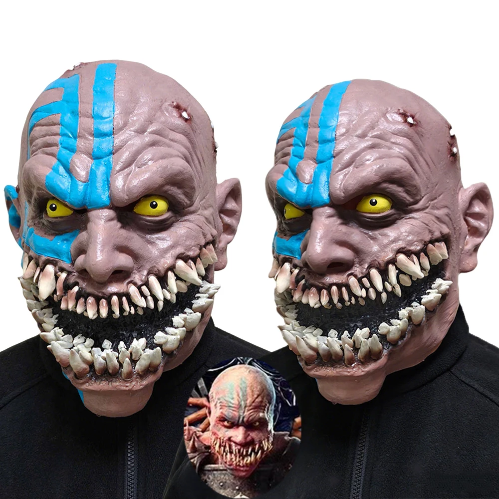 Máscara de Cosplay de Baraka del Juego Mortal Kombat 11, Máscara de Látex de Demonio con Colmillos y Rayas Azules para Adultos, Casco Completo de Terror, Accesorio de Disfraz