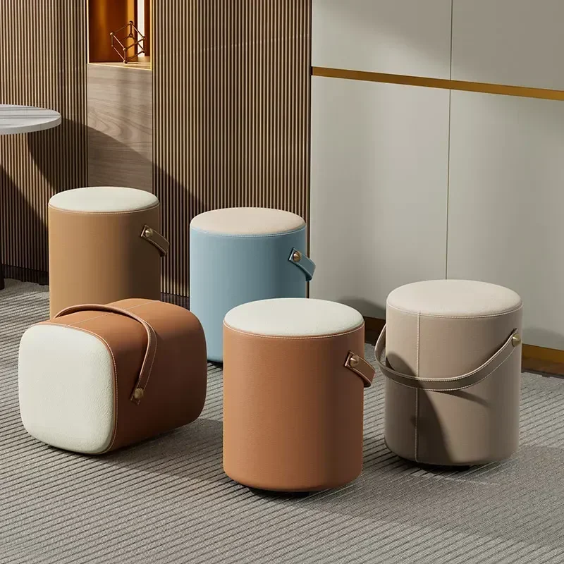 Convenient Dressing Stool Chair Entrance Door Shoe Change Stool Leather Round Softs Solid Wood Light Luxury Footrest Furniture