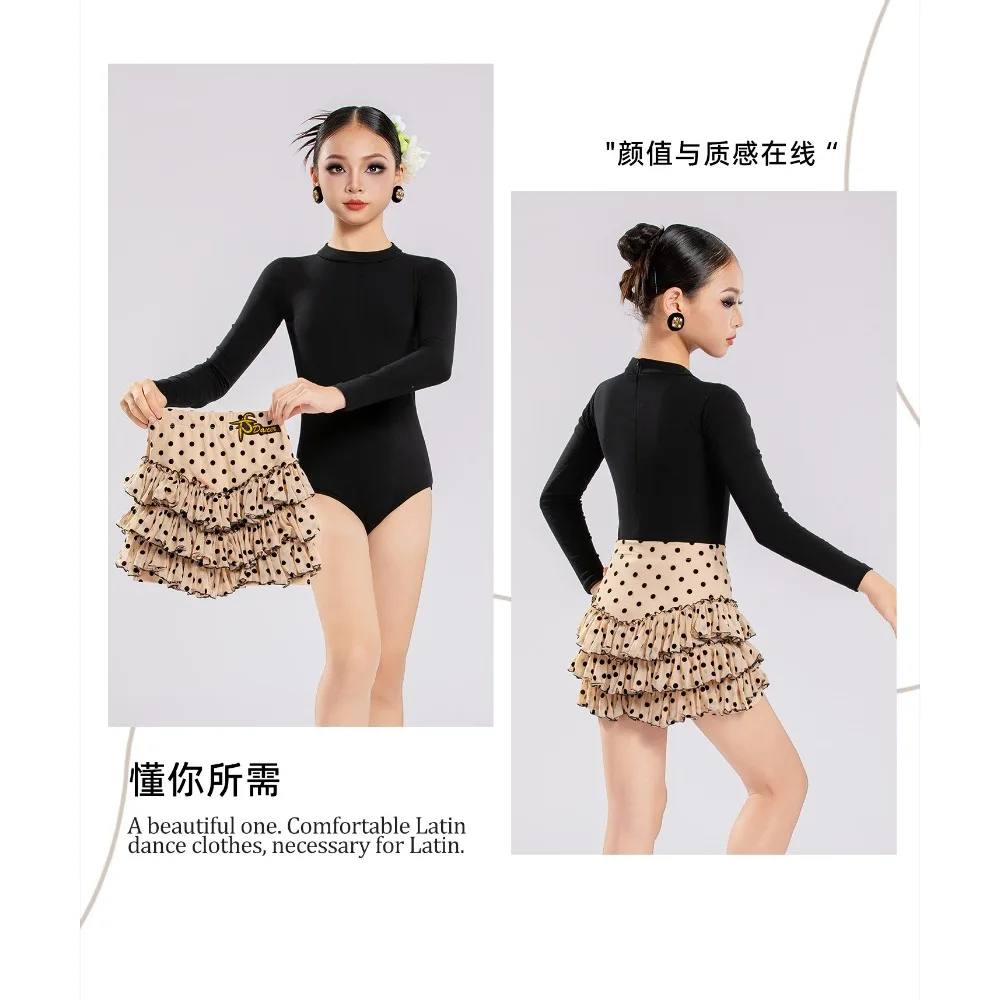2026 New Girls Long Sleeve Top Polka Dot Skirt Children Latin Dance Dress Practice Suit Samba Chacha Tango Dance Wearing