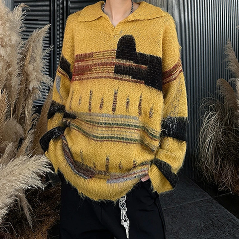 أنيق رجالي التباين اللون البلوزات الخريف الشتاء في الهواء الطلق عادية كم طويل التلبيب متماسكة لاعبا الرجال Vintage قميص بولو متماسكة #6