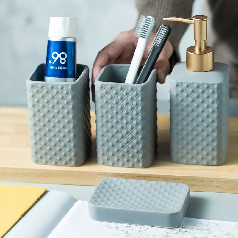 Nordic Bathroom Accessories Set Ceramics Household Liquid Soap Dispenser Container Mouth Cup Holders Washing Tools