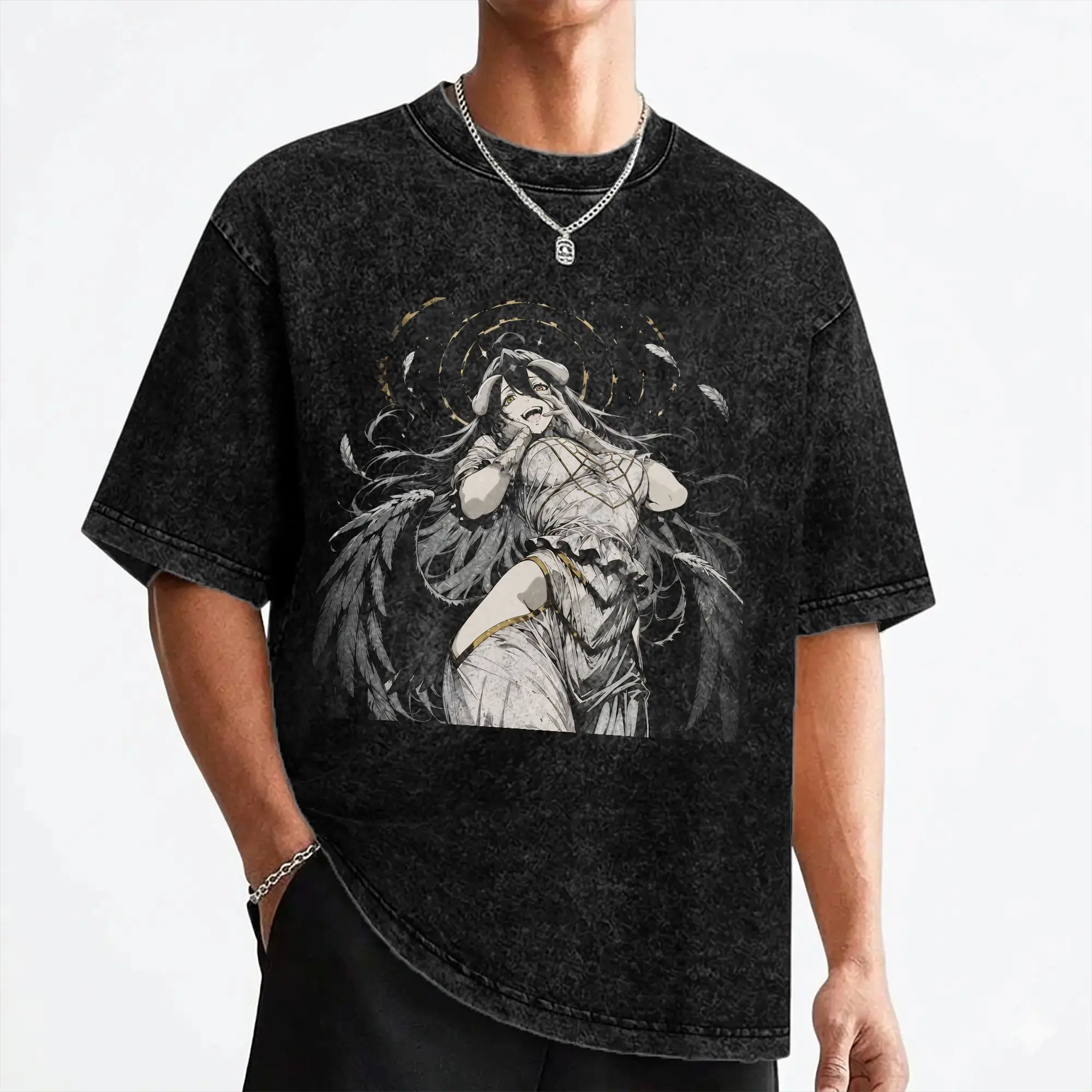 Albedo Japanese Anime T Shirt Washed Short Sleeve Harajuku T-Shirt  Retro Men Women Streetwear Graphic Tee Shirt