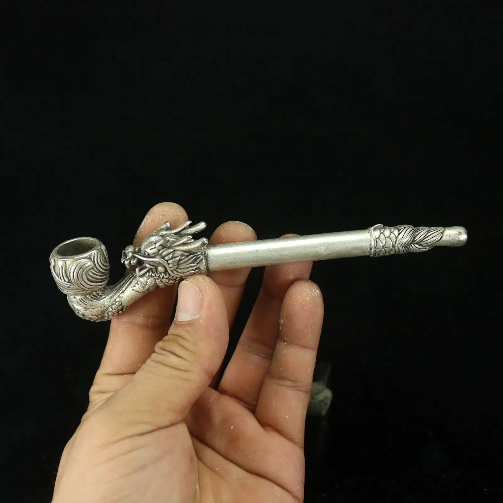 Rare Chinese Tibet Silver hand-carved Dragon Pipe Smoking tools Statues