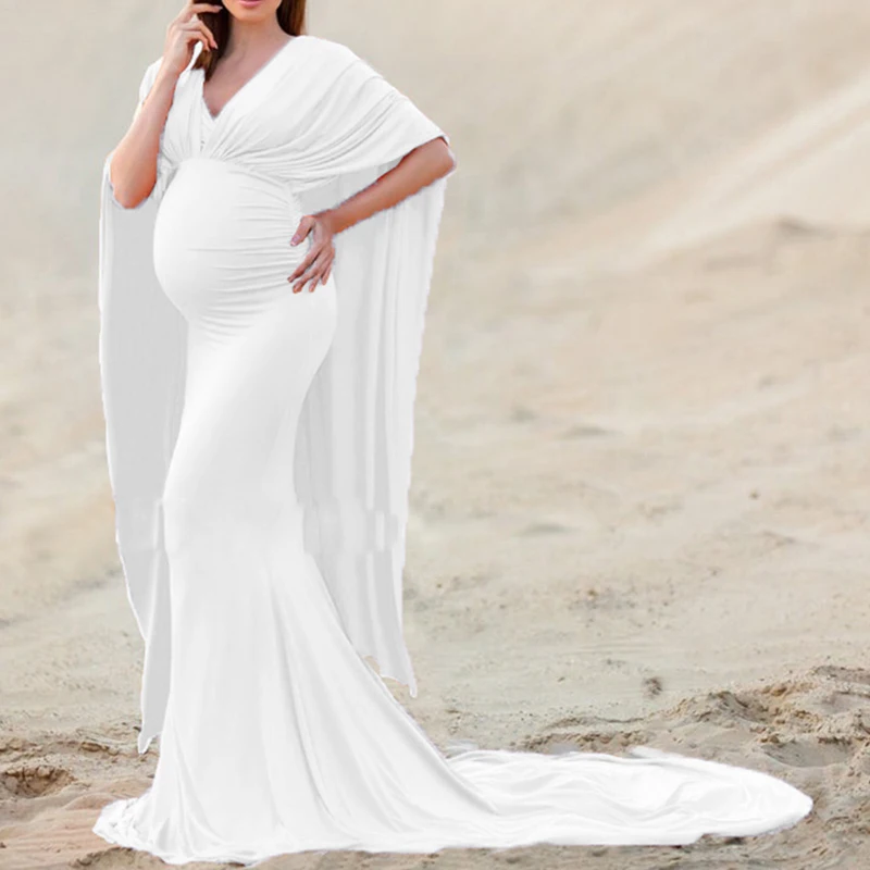 Women\'s Off Shoulder Elegant Fitted Maternity Gown Chiffon Flare Cape Sleeve Slim Fit Maxi Photography Dress for Baby Shower