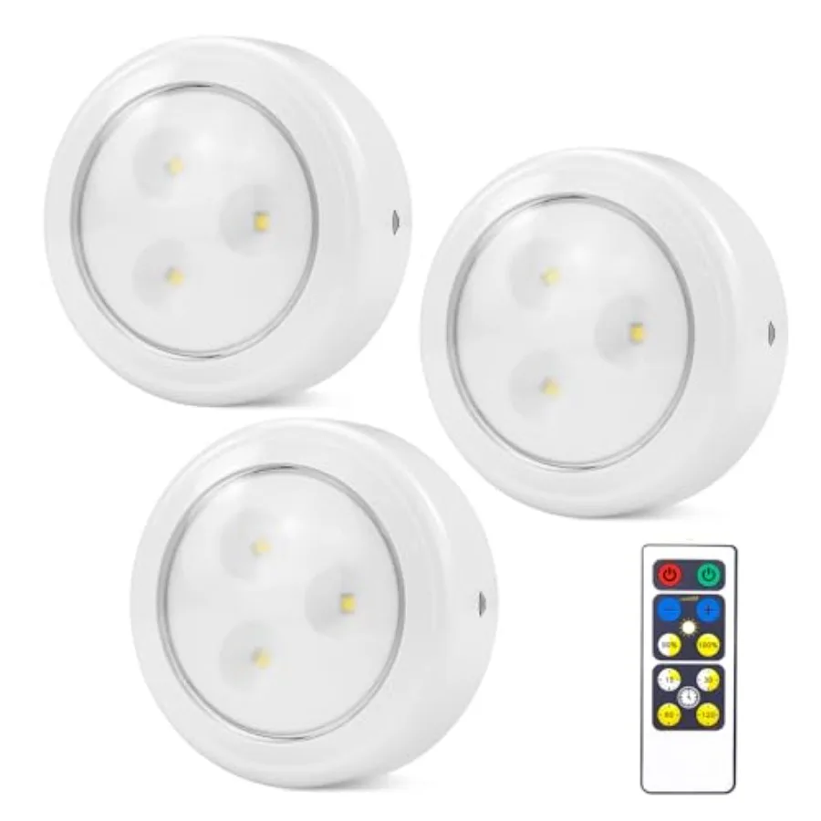 3PK Puck Lights with Remote, 70Lumen Battery Operated Under Cabinet Lights, 60 Hours Rum Tine Dimmable and Timmer Stick On Ligh