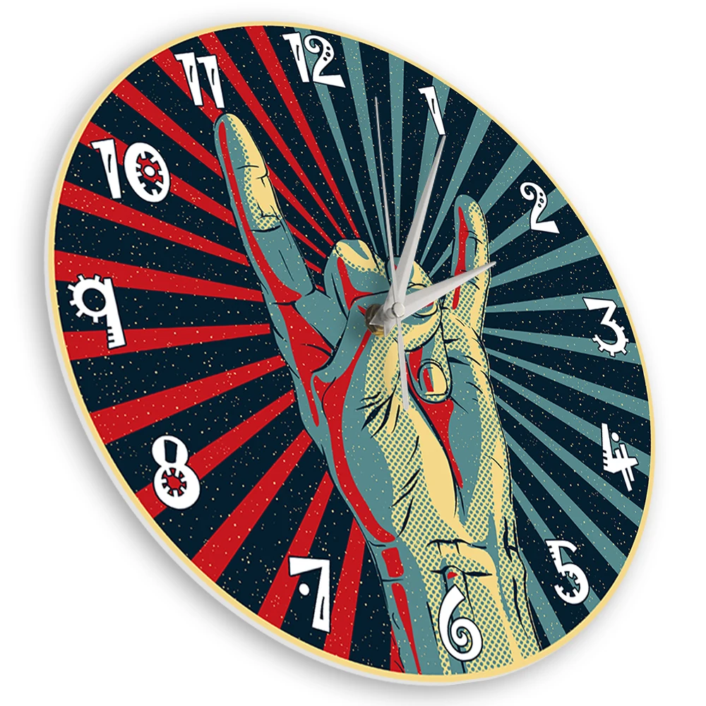 Rock Band Music Themed Wall Clock Rock Hand Sign Retro Wall Clock Rock and Roll Sign Hand Musician Home Decor Silent Wall Clock