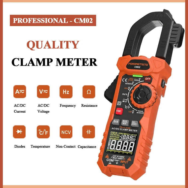 

POROMETISTO CM02 Digital Clamp Meter AC/DC Current 1000A True RMS Multimeter High Precision Capacitance NCV Ohm Hz Test Ammeter