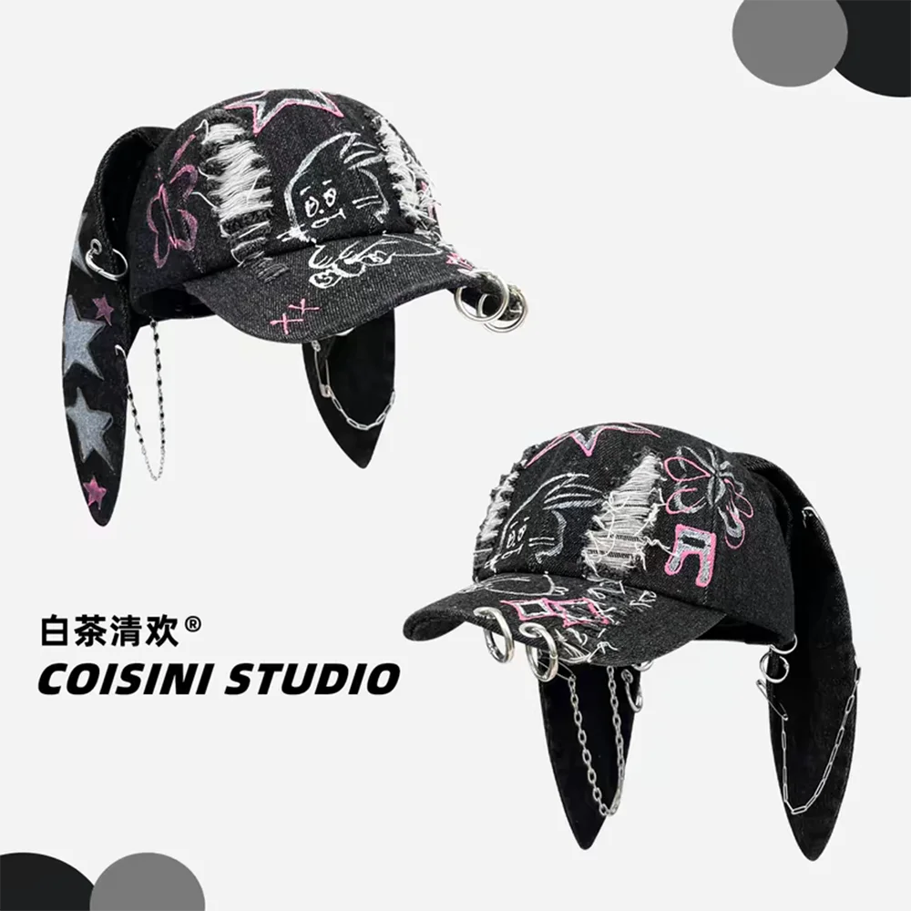 2026 Mode Mädchen Langohriger Musikalischer Hase Cowboy Baseballmütze Wash Graffiti Hip Hop Cap Damen Herren Party Team Baseballkappe