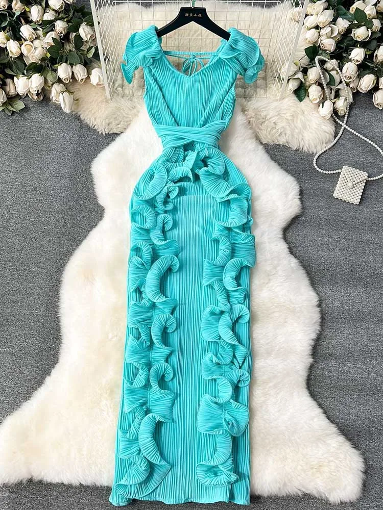 Feminino elegante chique emagrecimento vestido no verão cor sólida decote em v plissado vestido em camadas senhoras bonito aniversário plissado vestido de noite