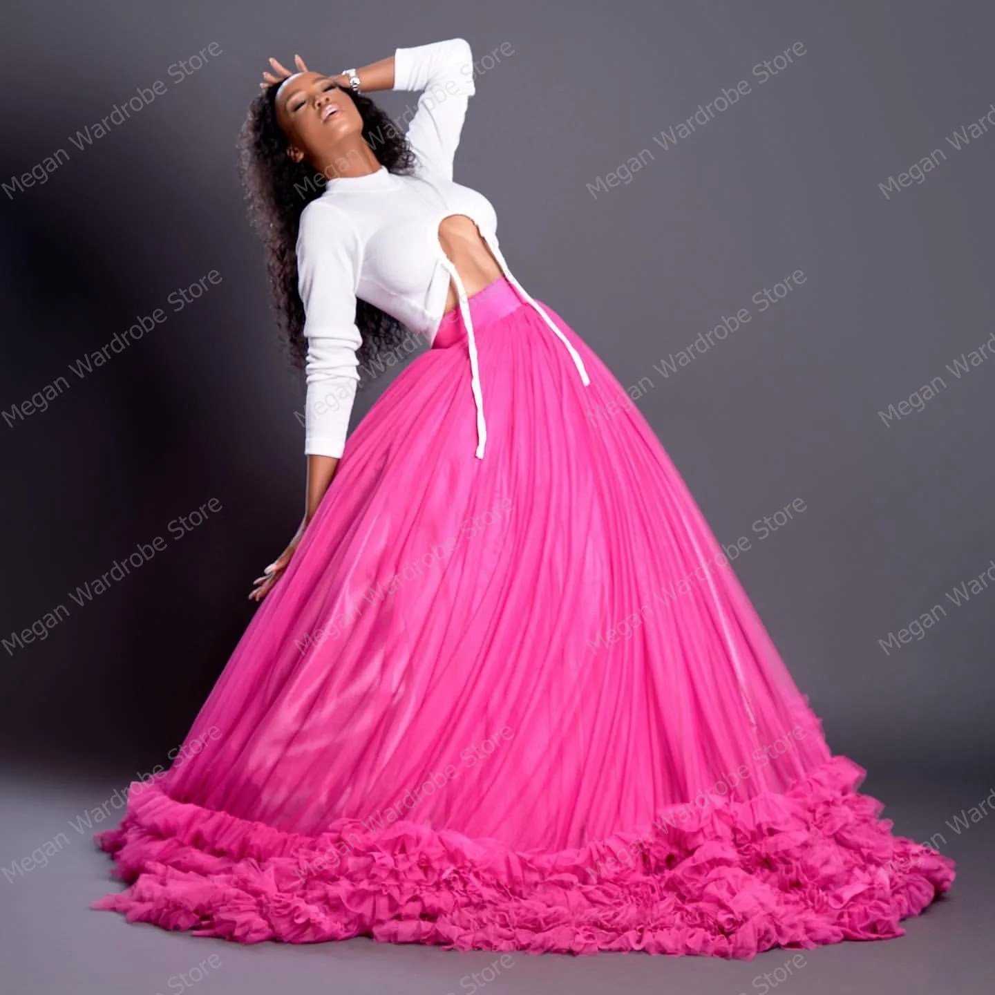 Hot Pink Puffy A-Line Long Party Tulle Skirts Tiered Ruffles Pleated Round Train Skirt For Black Women Elastic Waist Maxi Skirts