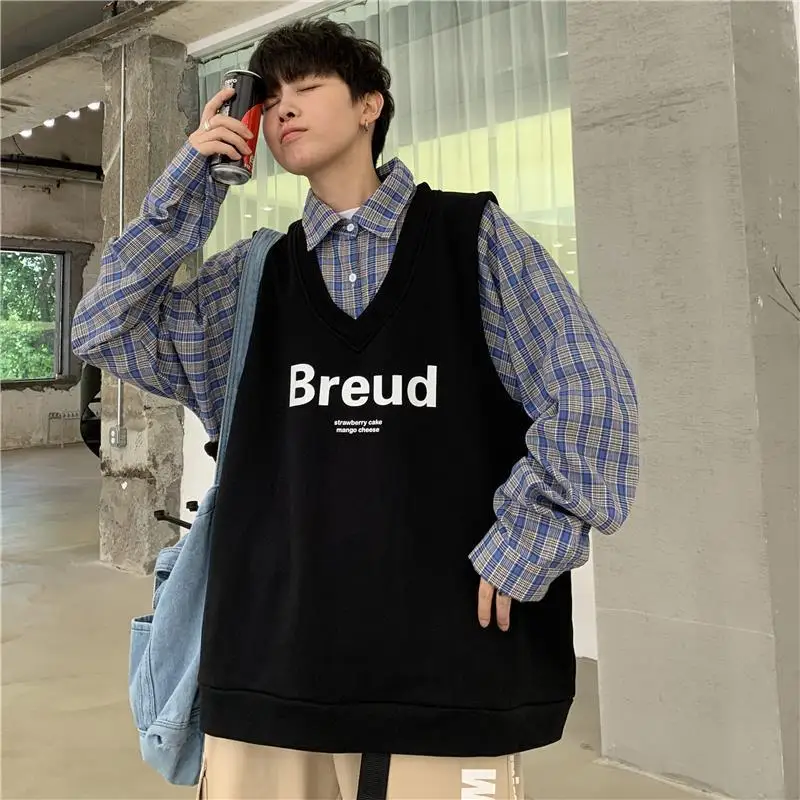 

Hong Kong Style Ins Fake Two Sweaters Men's Spring and Autumn Loose Plaid Shirt Jacket Korean Version Chaopai Students' Clothes