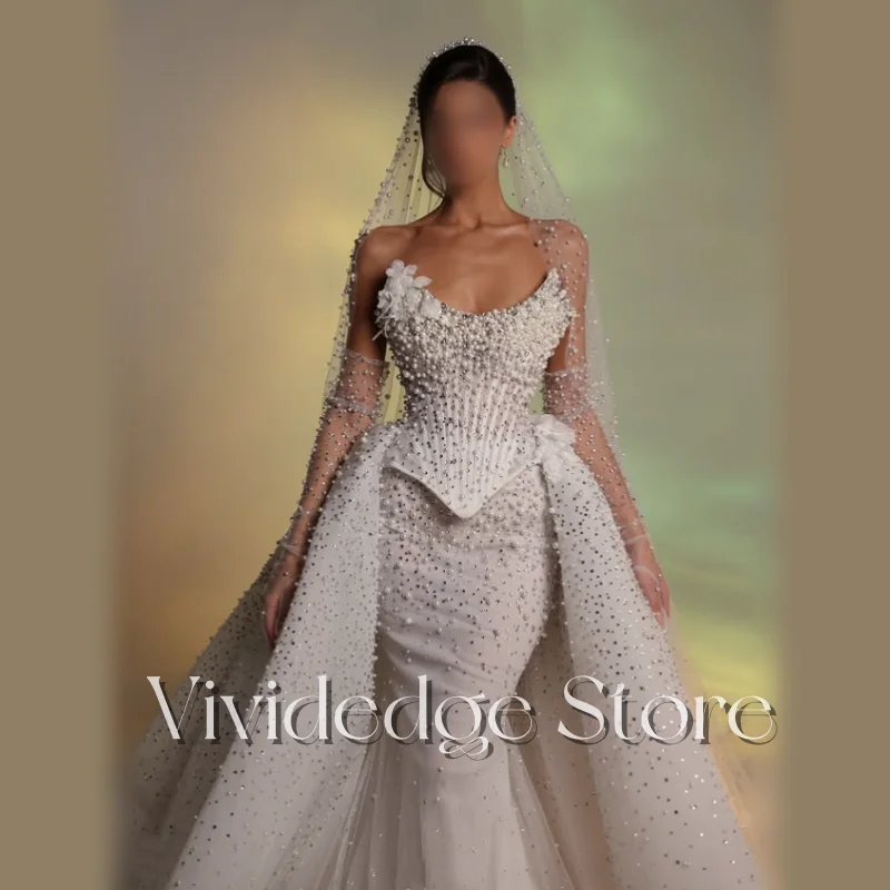 Customized White Luxury Beaded Wedding Dress Strapless Handmade Flower Sequins Beaded Fishtail Detachable Trailing Bridal Gowns