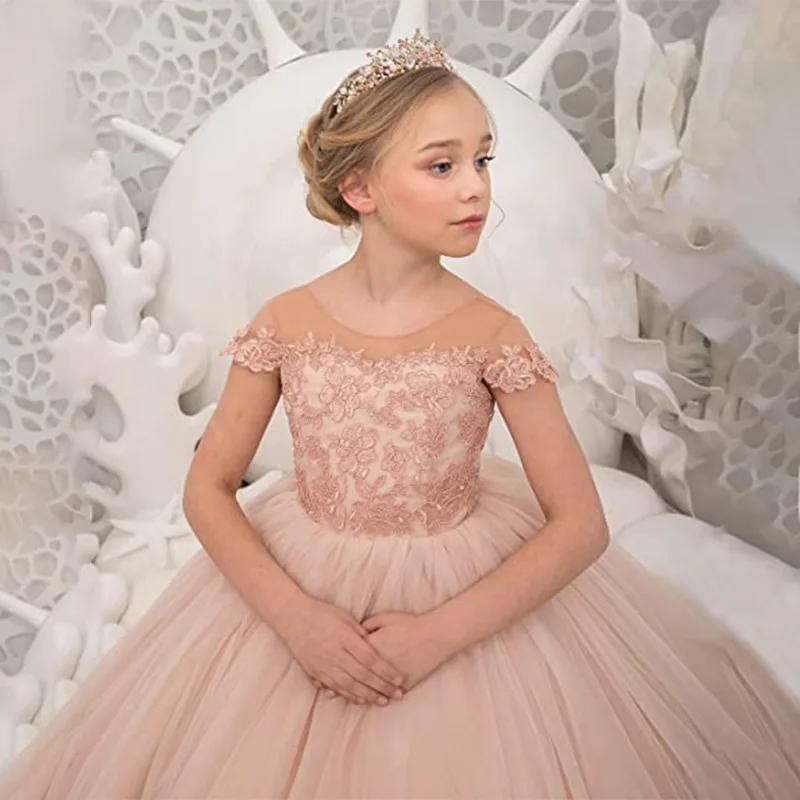 Long Ruffles Blush Ball Gown Child Flower Girl Dresses for Wedding Princess Appliques Cap Sleeves  Photoshoot Communion Gowns