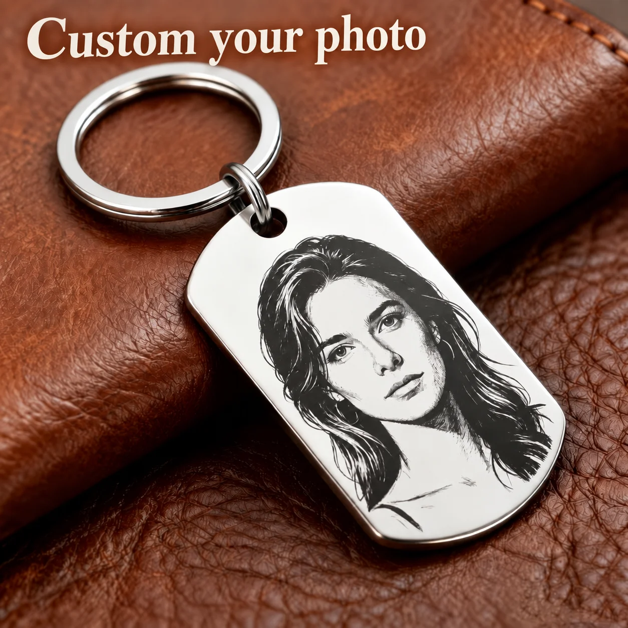 Custom Photo Sketch Dog Tag Keychain, Personalized Engraved Portrait Keyring, Custom Keepsake Memorial Gift