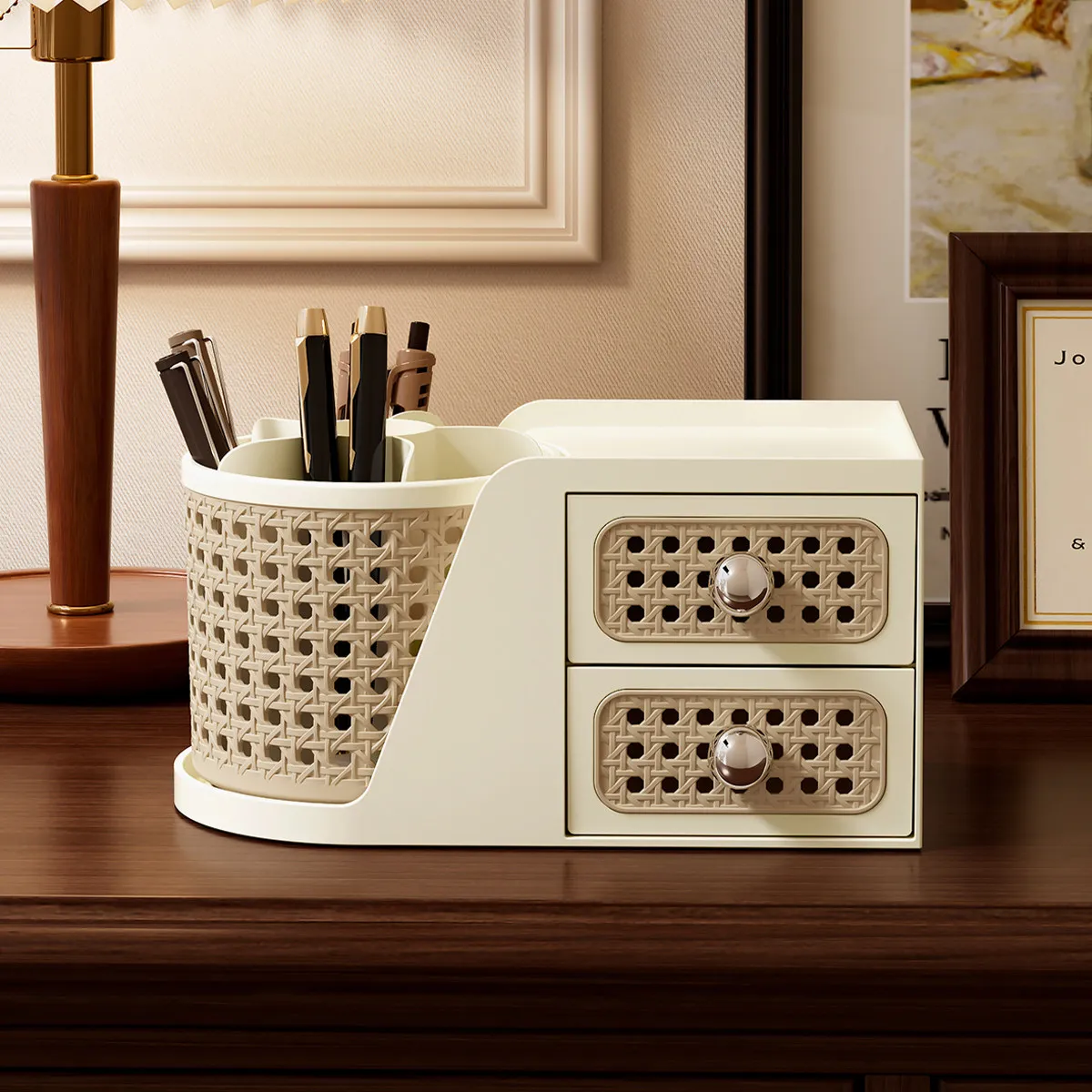 uzda-chinese-vintage-rotating-pen-holder-storage-box-student-desk-stationery-desktop-organizer-rack-with-drawer-office-supply