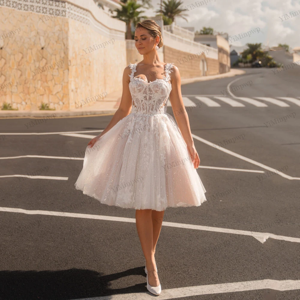 Shiny Lace Wedding Dresses Backless Applique Sweetheart Spaghetti Straps Midi Bride Shower Civil Robe De Mariee Customised