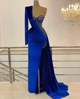 Customized Royal Blue Prom Dresses A-line One-shoulder Beaded Slit Saudi Arabia Dubai Robe De Soiree Evening Dress Gown