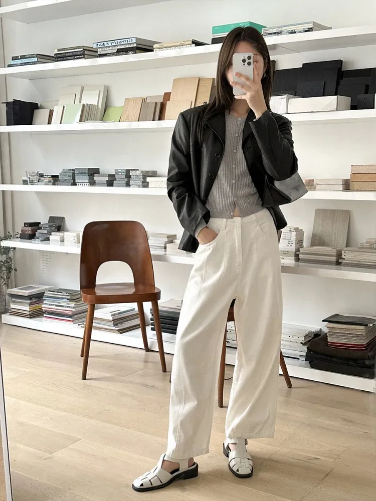 Women Solid Color Harajuku Denim Pants High Waist Loose Fit Ankle Length Straight Trousers Spring Autumn Casual Jeans Female