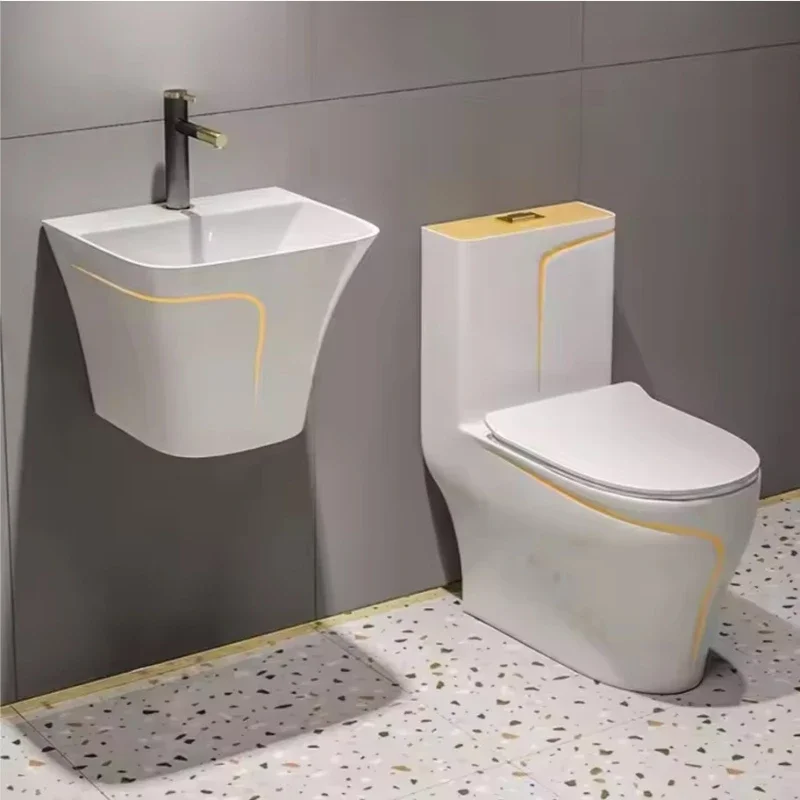 

Luxury Modern Double Flush Toilet Integrated Ceramic Toilet Gold White Suitable for Villa Hotel Elegant Gold Series Bathroom