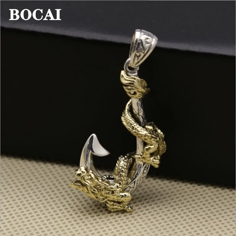 

BOCAI New 100% Real S925 Pure Silver Fashion Jewelry Accessories Anchor Pirate Hook Golden Dragon Twine Rock Men Pendant