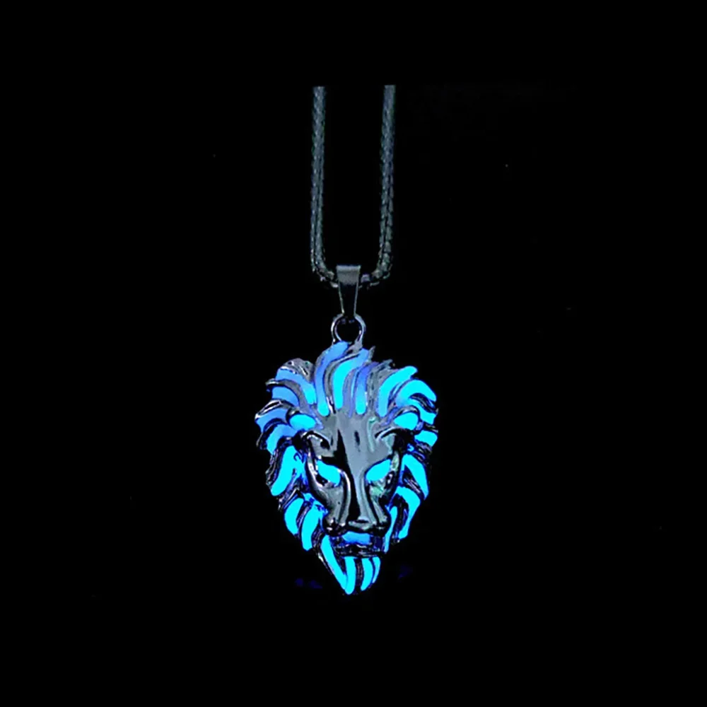 Personality Animal Lion Head Punk Luminous Glow In The Dark Lion Pendant Necklace with Stainless Steel Chain for Halloween Club