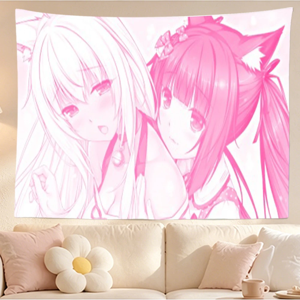 Pink Cartoon Cat Ears Girls Print Tapestry Cute Kawaii Style Wall Hanging Cloth Bedroom Dorm Background Decor Home Room