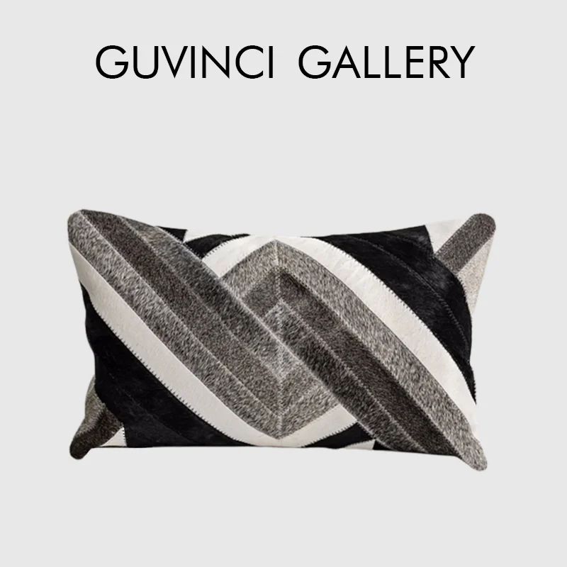 GUVINCI Italian Modern Boutique Cushion Cover Luxury Cow Leather Splicing Twist Geometry Lumbar Pillow Case 30x50 For Sofa Couch