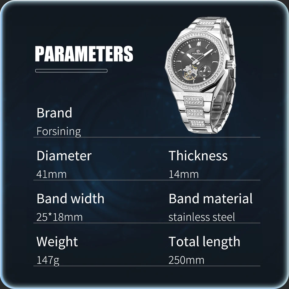 High End Luxury FORSINING Men's Watches Diamond Stainless Steel Strip Full Auto Tourbillon Skeleton Automatic Movement Clockwork