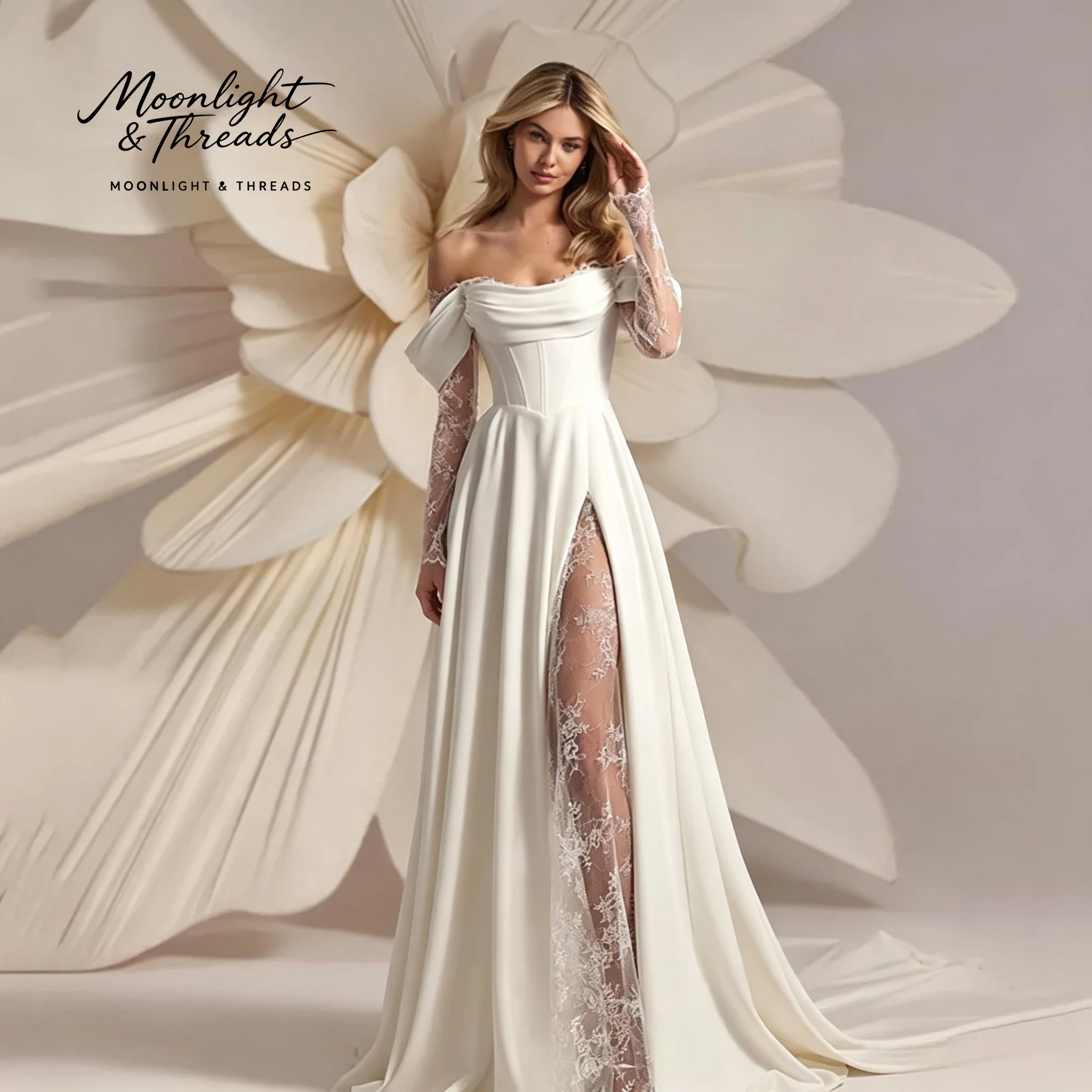Modern Satin A‑Line Bridal Wedding Dress Off‑Neck Lace Sleeve Corset Lace‑Up Back High Slit Gown