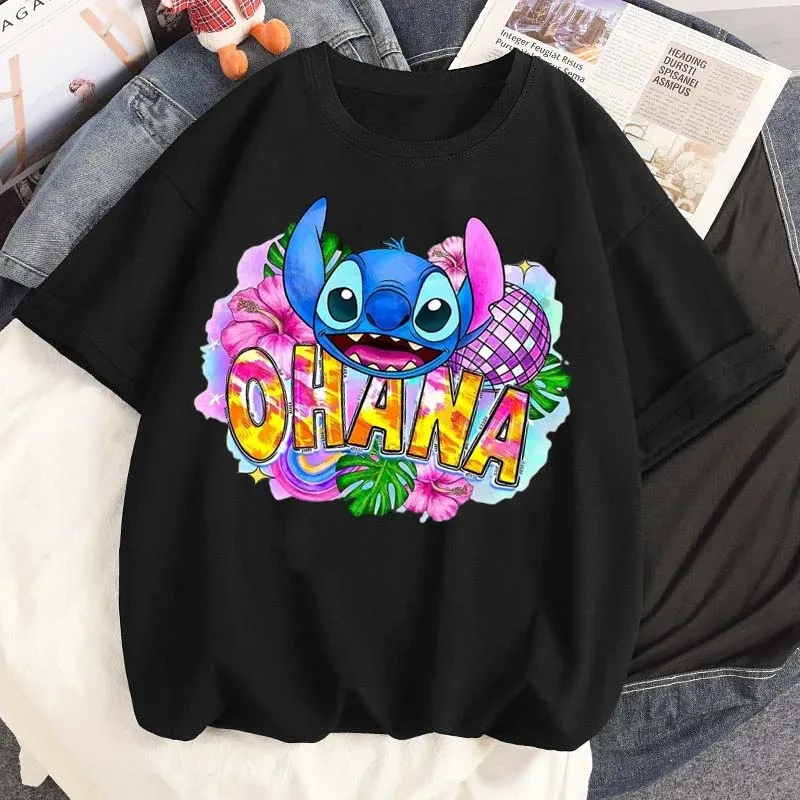 

MINISO Disney Stitch & Lilo Iron футболки с графическим рисунком мультфильм Ohana футболка с принтом летняя женская футболка с круглым вырезом уличная одежда Harajuku