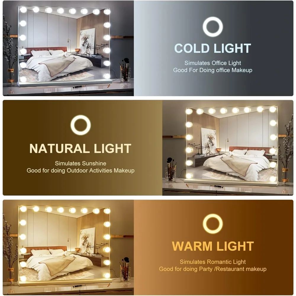 Vanity Mirror with Lights, 28 X 22 Inch Large Makeup Mirror with 18 Dimmable Bulbs, 3 Color Modes and Touch Control