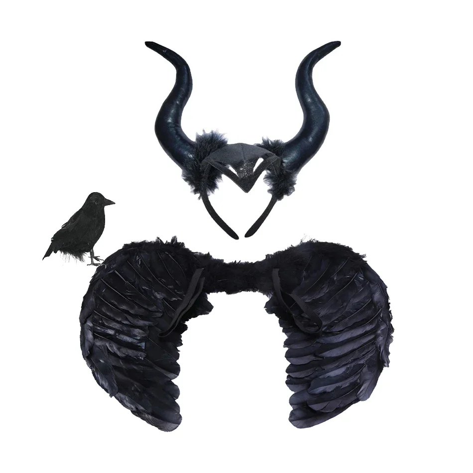 Vintage Wings Black Angel Costume Witch Devil Horns Hair Hoop Set Decorations Feather Black Swan Cosplay Halooween Accessories