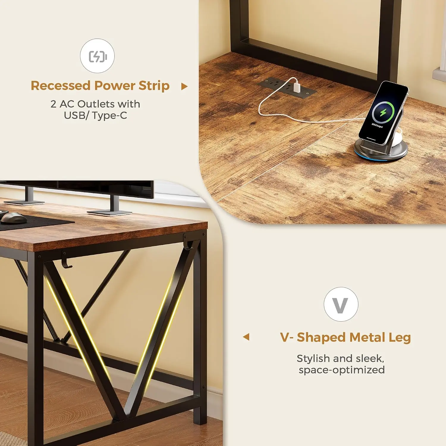 L Shaped Gaming Desk with LED Glass Cabinet, Corner Computer Desk with Charging Station & Fabric Drawer, Brown, Customized