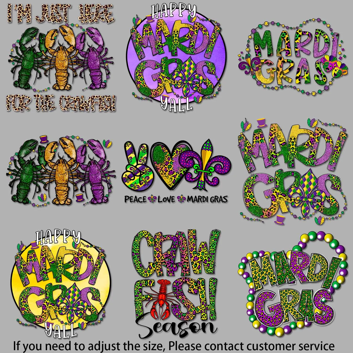 Iron on Transfer Crawfish Season Art Peace Love Mardi Gras Vivid Color Transfer Leopard Print Design DIY Decoration