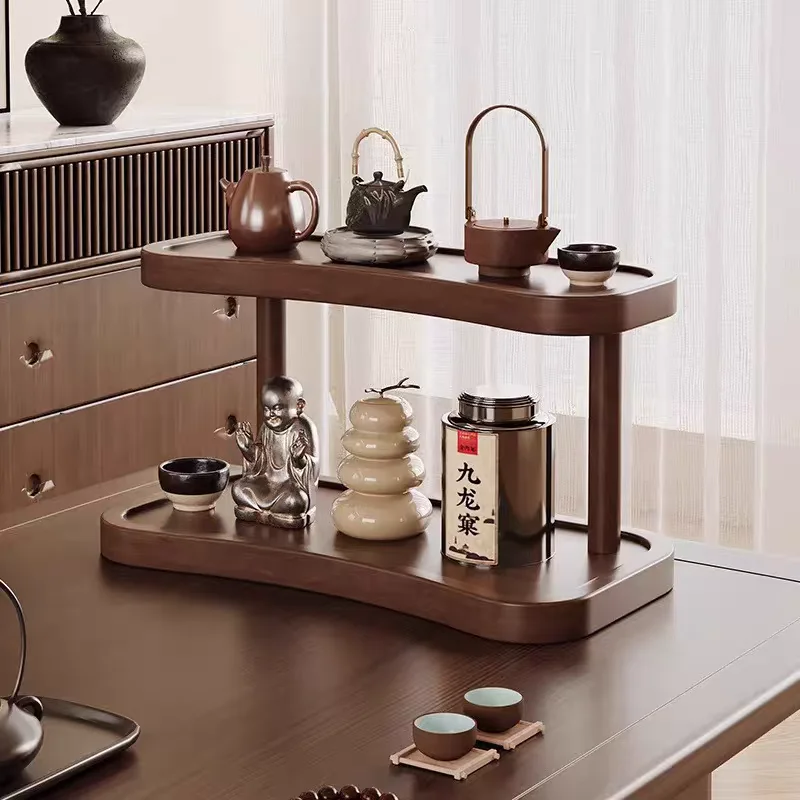 Organizador de maquillaje de 2 niveles para tocador, portavasos de madera para barra de café, estante de exhibición para tazas, estante de almacenamiento para encimera de cocina