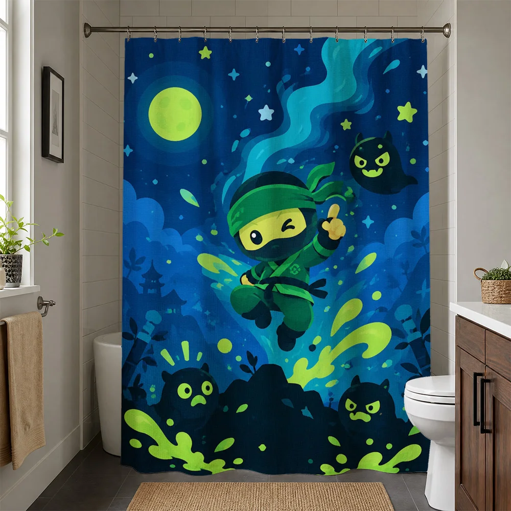 Ninja Turtle Shower Curtain Blue Night Scene Cartoon Bathroom Decor Fun Kids Shower Curtain