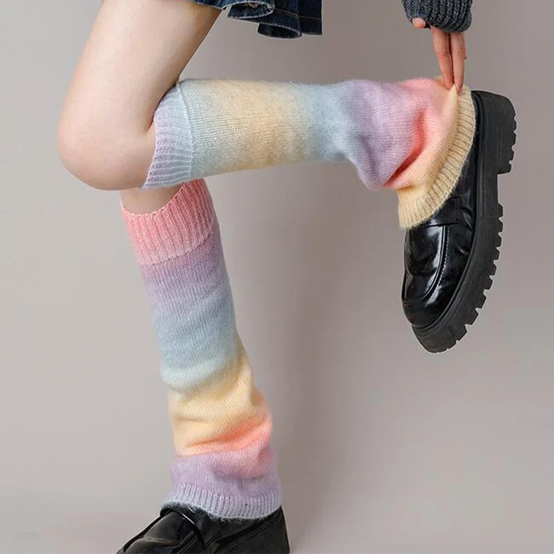 Women Lolita Leg Warmer Knit Over Knee Socks Sweet Gradient Rainbow Color Knitted Stocking Boot Cuff Ankle Warmer