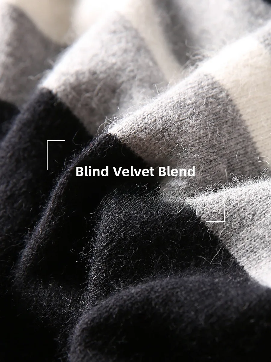 High-Value Bla White ey Striped Rabbit Velvet Warm round Ne Pullover Woolen Sweater for Men Busin Casual Sle