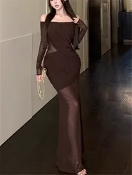 Women Long Sleeve Off Shoulder Coffee Long Dress New Spring Slash Neck Mesh Patchwork Dress Strapless Pleated Pencil Party Dress