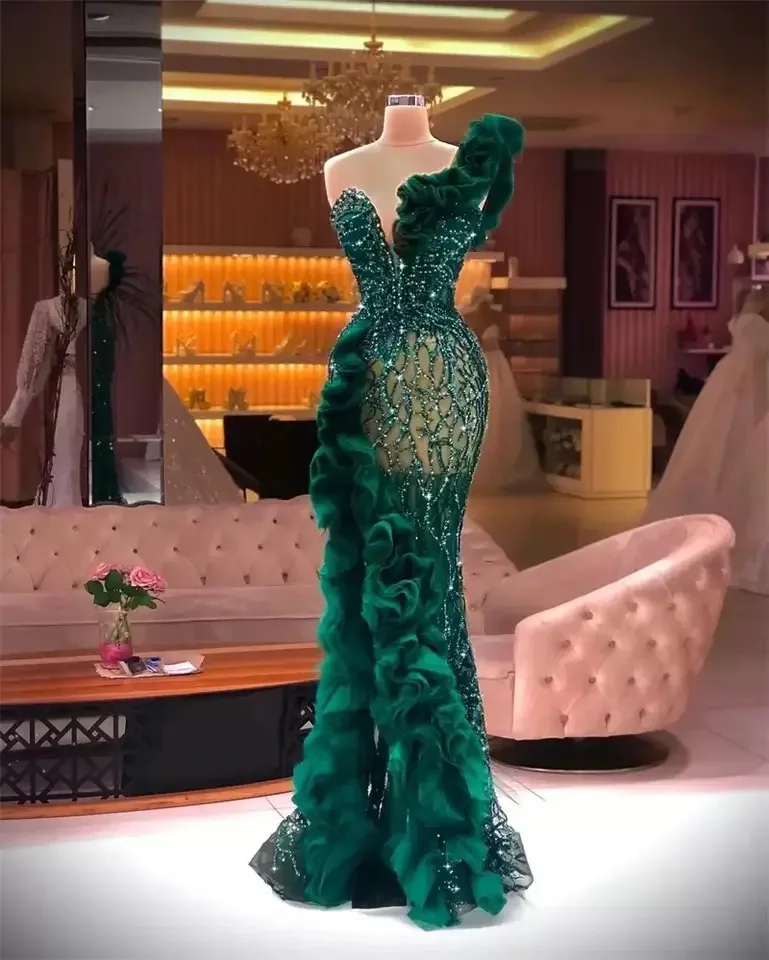 Green Long Evening Dress Luxury Mermaid One Shoulder Beads Lace High Split Ruffles Chic Prom Wedding Party Gowns  Customized
