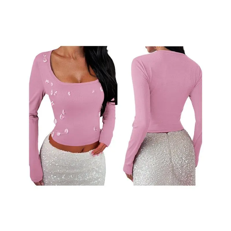 

CYL-Womens Long Sleeve Shirts Crop Tops Fall Fashion Square Neck Going Out Basics Tees Y2k Clothes Pink S