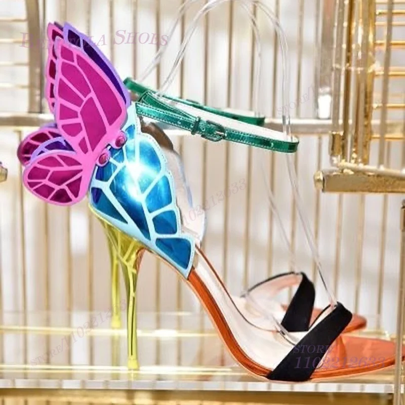 

Butterfly Wing Embroidered Crystal Sandals Women Blue Glass Sparkling Stiletto Heel Girls Party Evening Shoes Sexy Colorful Shoe
