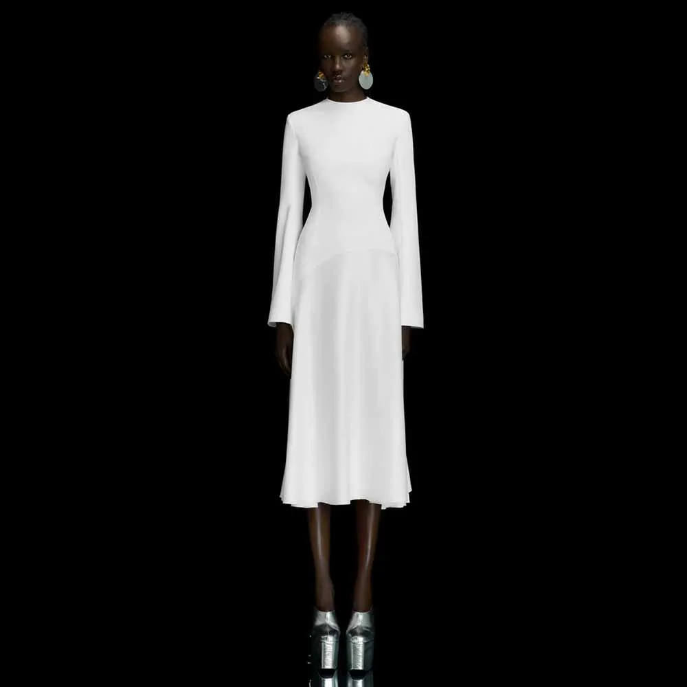 

Modern Women's Cocktail Dresses 2025 Satin&Jersey Sheath/Column Prom Dress White O-Neck Ruched Bespoke Occasion Gown Midi 2025