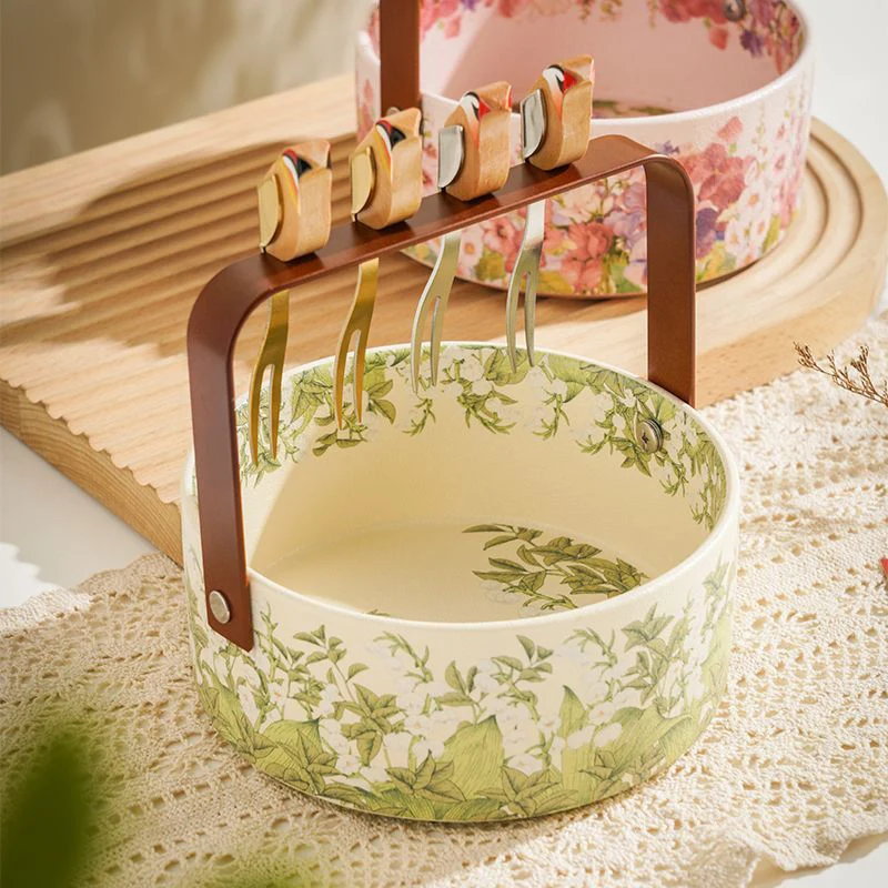 Versatile Ceramic Fruit Basket Set with Magnetic Forks Round Shape for Snacks Living Room Home Decoration Gift