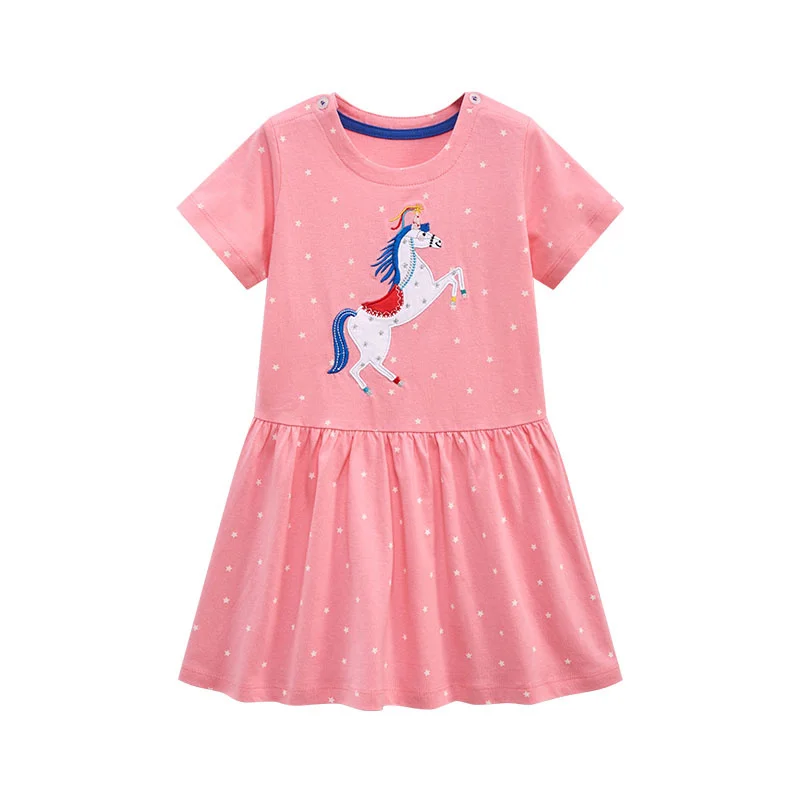 

Jumping Meters 2-7 Years Summer Princess Baby Girls Dresses Unicorn Animals Applique Party Birthday Kids Short Sleeve Frocks