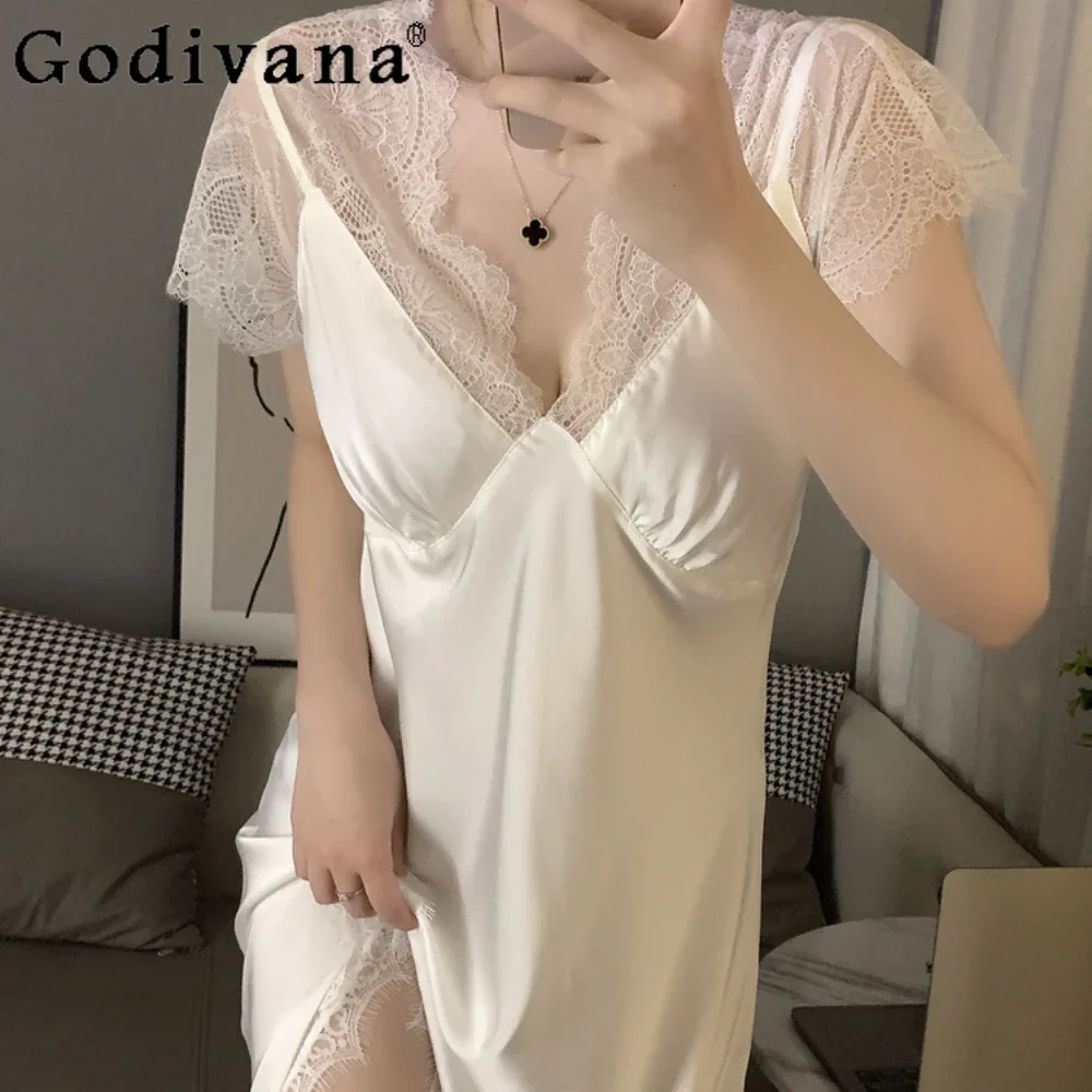 

Seduction Nightgowns Robe Ice Silk Pajamas Summer Lace French Court Sleepwear Homewear Dress Nightdress Women's